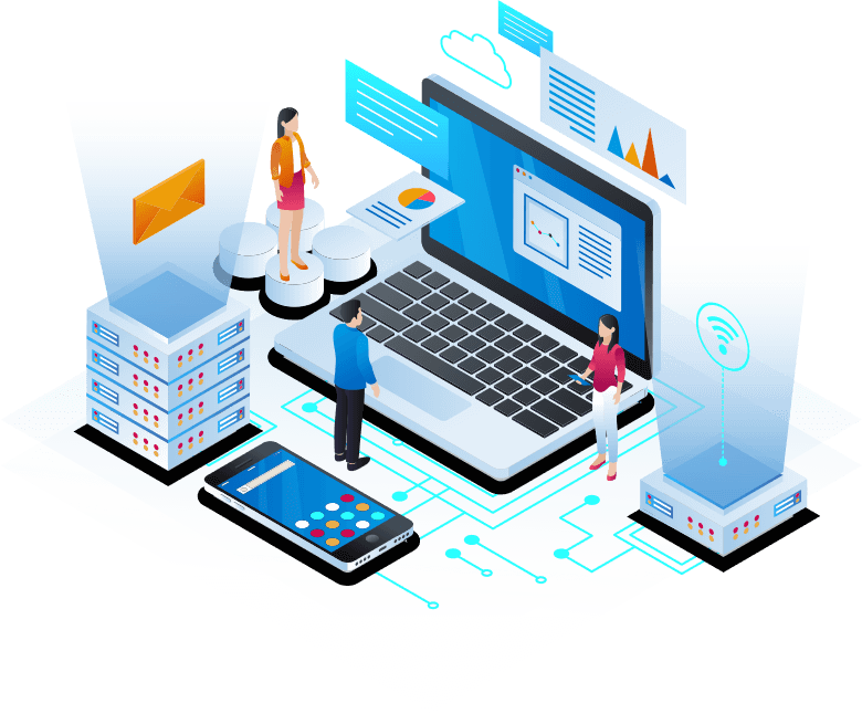 Illustration of connected business technology, cloud services, and infrastructure